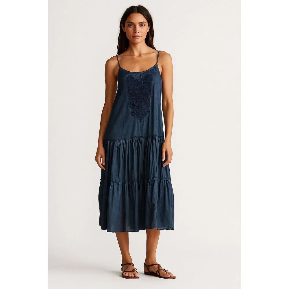 Lauren Ralph Lauren cotton indigo boho tiered midi dress sz 10 medium crochet mi
